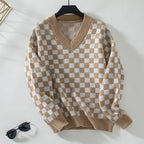 Damen lässiger V-Ausschnitt Pullover mit Karo-Muster und lockerer Passform