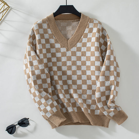 Damen lässiger V-Ausschnitt Pullover mit Karo-Muster und lockerer Passform R&B