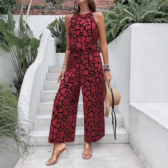 Damen edgy Jumpsuit mit Giraffenmuster und weitem Bein R&B