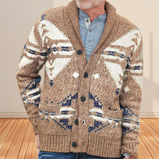 Herren Strickjacke mit einzigartigem geometrischen Muster und tiefem Kragen R&B