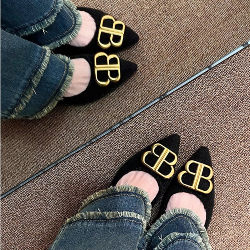 Damen modische Ballerinas aus filzartigem Material mit elegantem Schmuckdetail R&B