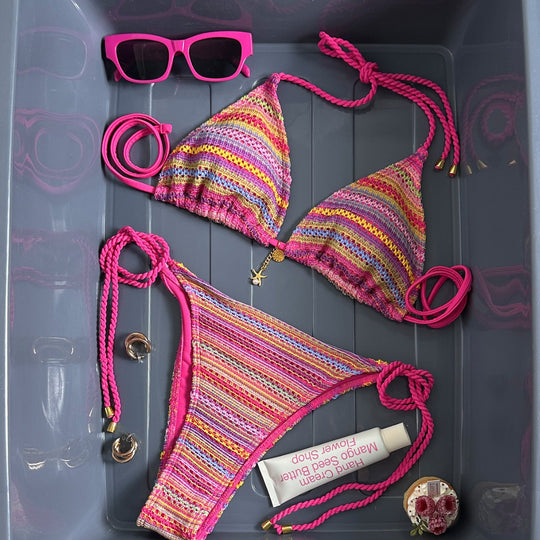 Damen Geflochtener Triangel-Bikini mit buntem Häkelmuster R&B