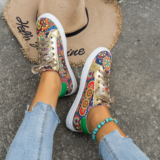 Damen Sportliche Sneakers mit buntem Ethno-Muster und goldenem Glitzer R&B