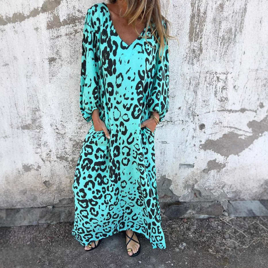 Damen Langarm Maxikleid mit Animal-Print und praktischen Taschen R&B