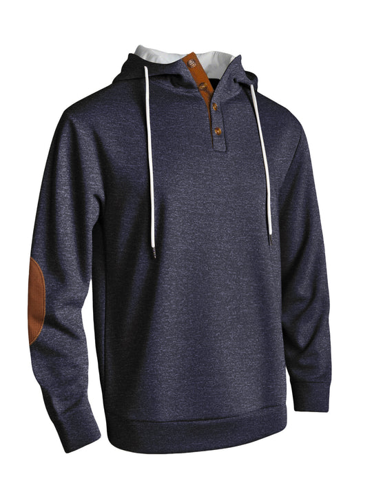 Herren nan Kapuzenpullover im puristischen Freizeitstil mit Henley-Knopfleiste, kontrastierter Kapuzeninnenseite und Ellenbogenaufnähern R&B