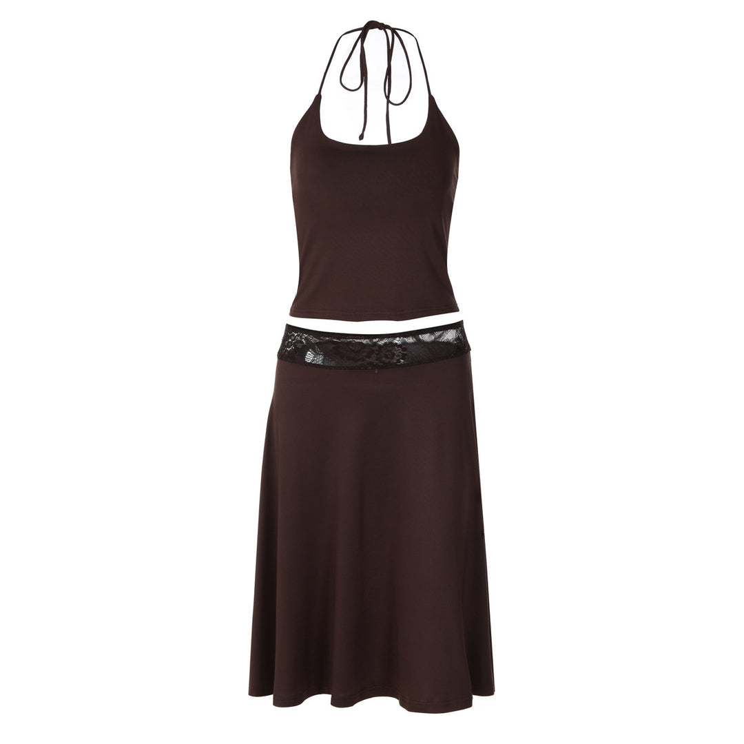 Damen elegantes Trägerkleid mit Spitzenakzent und fließendem Schnitt R&B