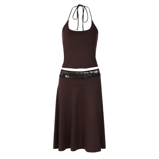 Damen elegantes Trägerkleid mit Spitzenakzent und fließendem Schnitt R&B