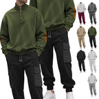 Herren nan Karo-Relief-Sweatset mit Stehkragen-Knopfleiste, Velours-Ellenbogenpatches und Cargo-Jogger R&B