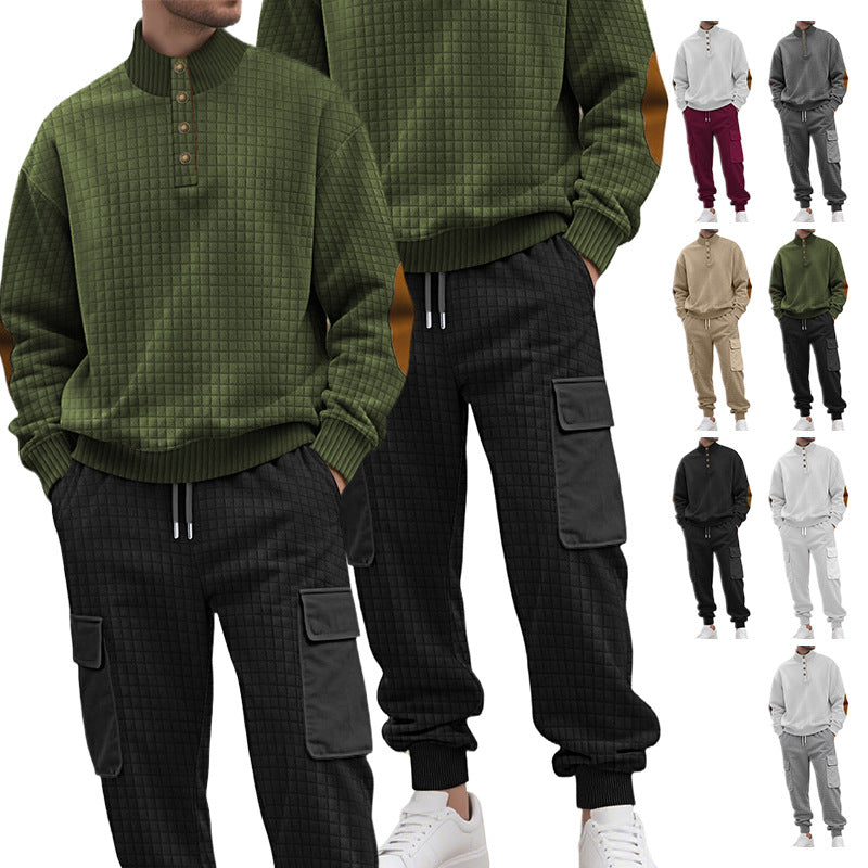 Herren nan Karo-Relief-Sweatset mit Stehkragen-Knopfleiste, Velours-Ellenbogenpatches und Cargo-Jogger R&B