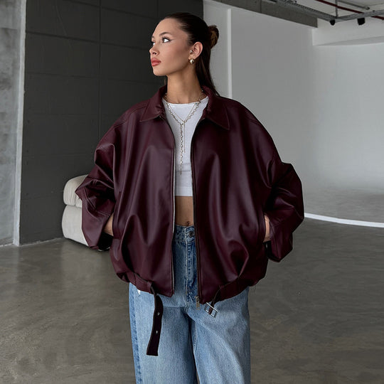 Damen elegante Kunstlederjacke R&B