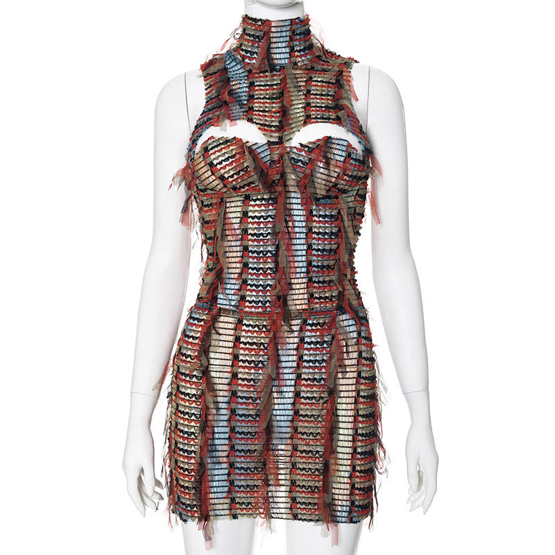 Damen Dekoratives Wickelkleid mit fransigen Details und hohem Kragen R&B