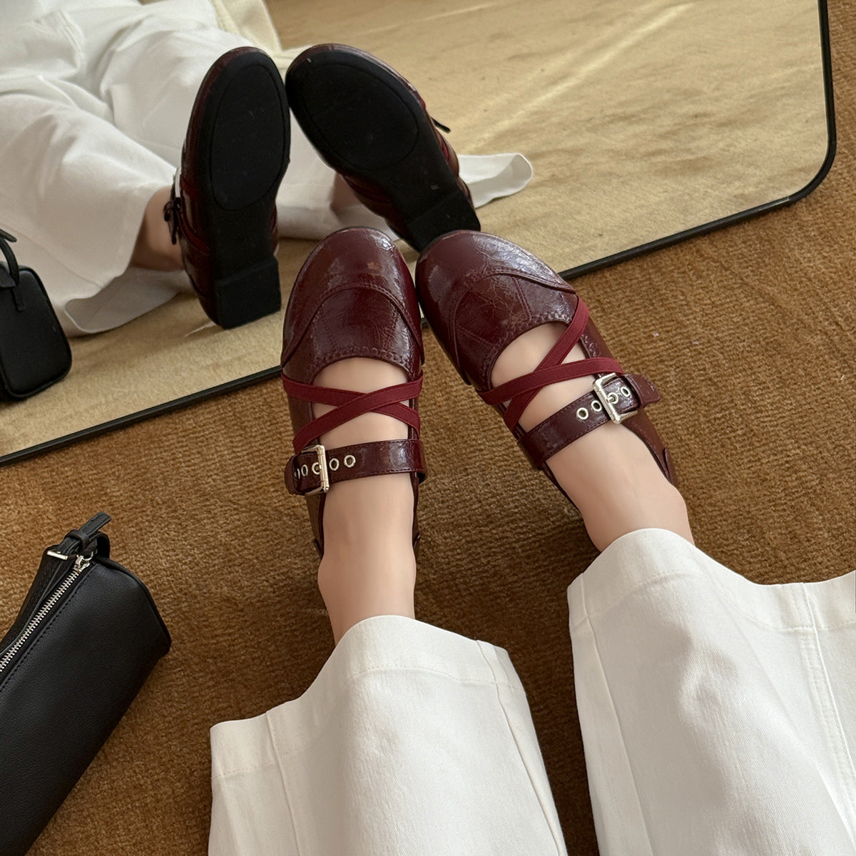 Damen Elegante Ballerinas mit doppeltem Riemen und hochwertiger Lederoberfläche R&B