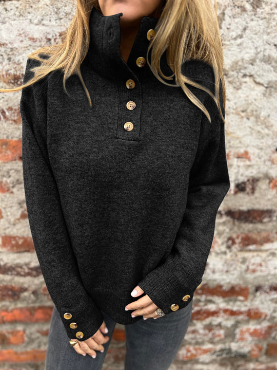 Damen modischer Strickpullover mit Knopfdetails und hohem Kragen R&B