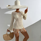 Damen Häkel-Strandüberwurf mit fransigem Saum und dekorativem Netzdesign R&B