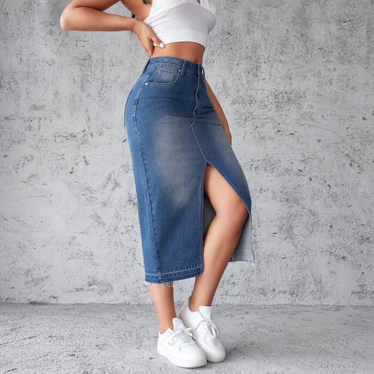 Damen Jeansrock mit hoch geschnittenem Schlitz und fransigem Saum R&B