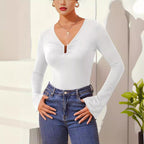 Damen nan tailliertes Langarmshirt mit gerafftem Schlitz-Ausschnitt und spitzem Zipfelsaum R&B