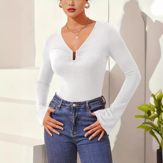Damen nan tailliertes Langarmshirt mit gerafftem Schlitz-Ausschnitt und spitzem Zipfelsaum R&B