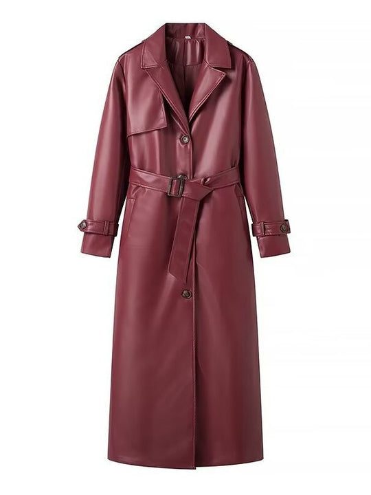 Damen Kunstleder-Trenchcoat mit taillierbarem Gürtel und schickem Kragen R&B