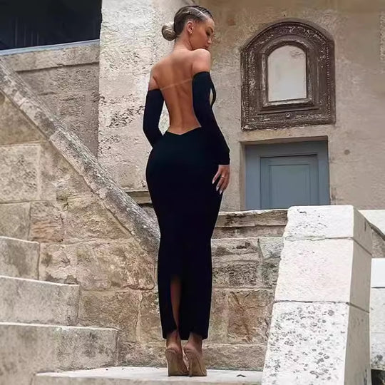 Damen Elegantes langes Kleid mit schulterfreiem Design und langen Ärmeln R&B