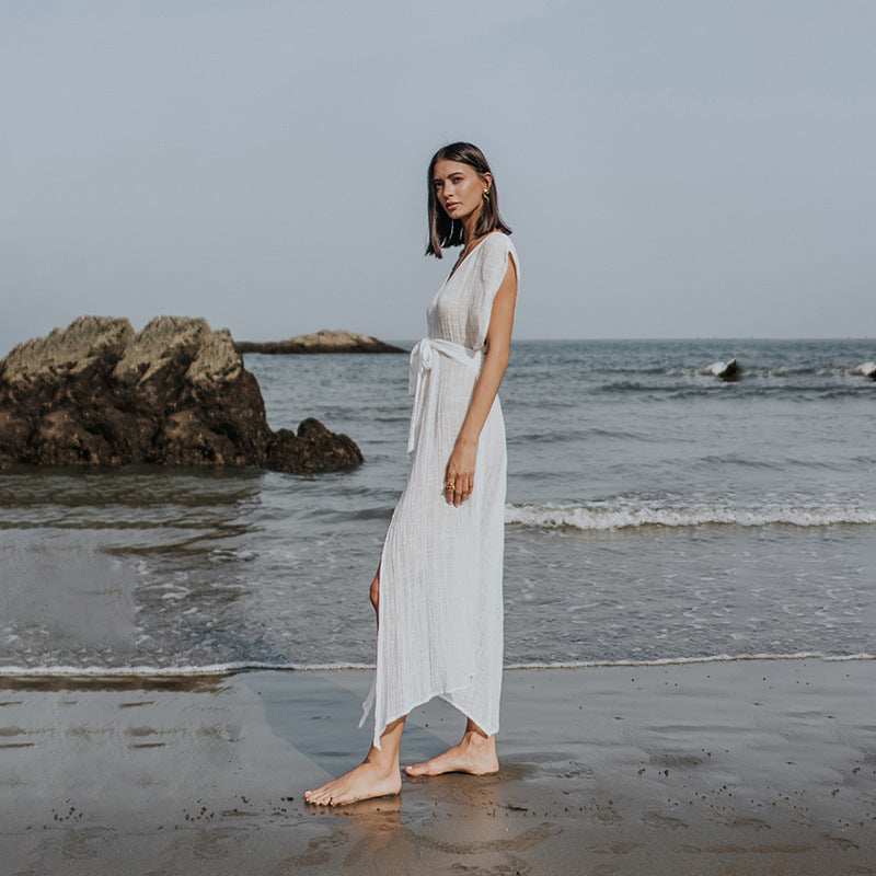Damen luftiges Strandkleid mit Bindegürtel R&B