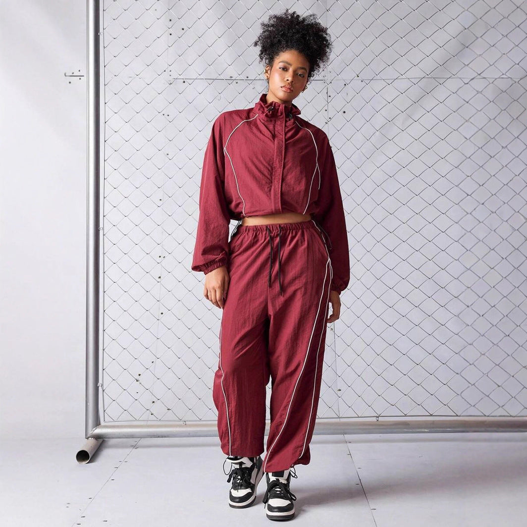 Damen sportliches Windbreaker-Oberteil mit elastischem Bund und modernem Reißverschluss R&B