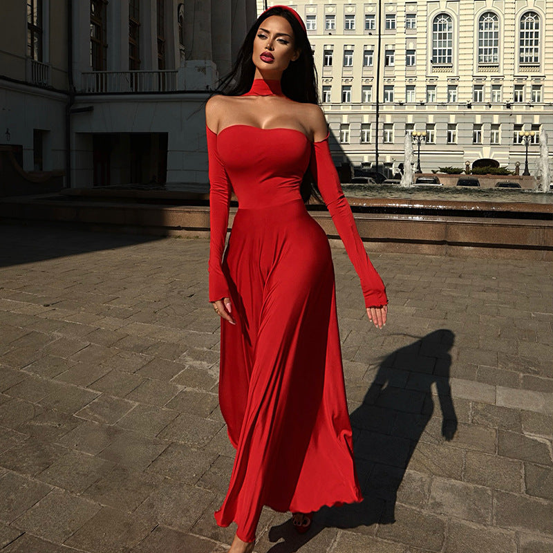 Damen Off-Shoulder Maxikleid mit langen Ärmeln und elegantem Schnitt R&B
