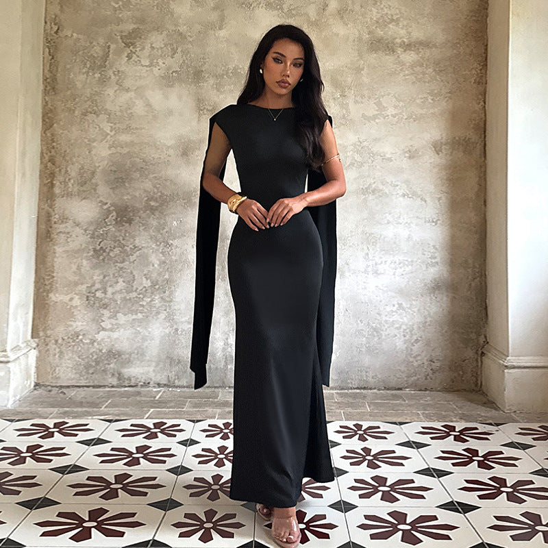 Damen elegantes Maxikleid mit raffinierten Ärmeldetails und fließender Silhouette R&B