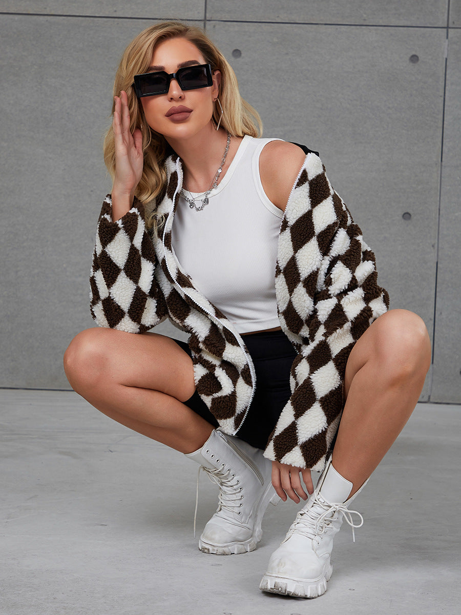 Damen Flauschige Steppjacke mit modernem Karomuster und praktischen Taschen R&B