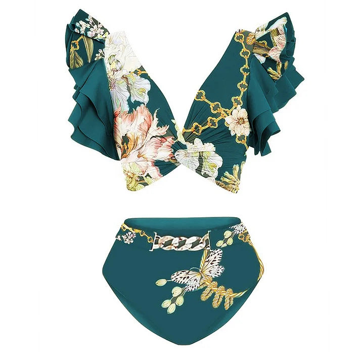 Damen Bikiniset mit voluminösen Ärmeln und elegantem Wickelrock R&B
