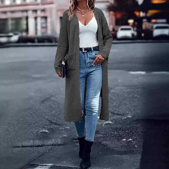 Damen Langer Strickmantel mit strukturiertem Design und praktischen Taschen R&B