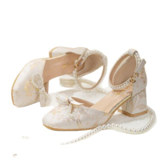 Damen elegante Pumps mit zierlichem Schleifenakzent und perlverziertem Riemen R&B
