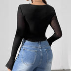 Damen nan Lagen-Crop-Top mit Brust-Cut-Out, Bustier-Innenlage und transparenten Langärmeln R&B