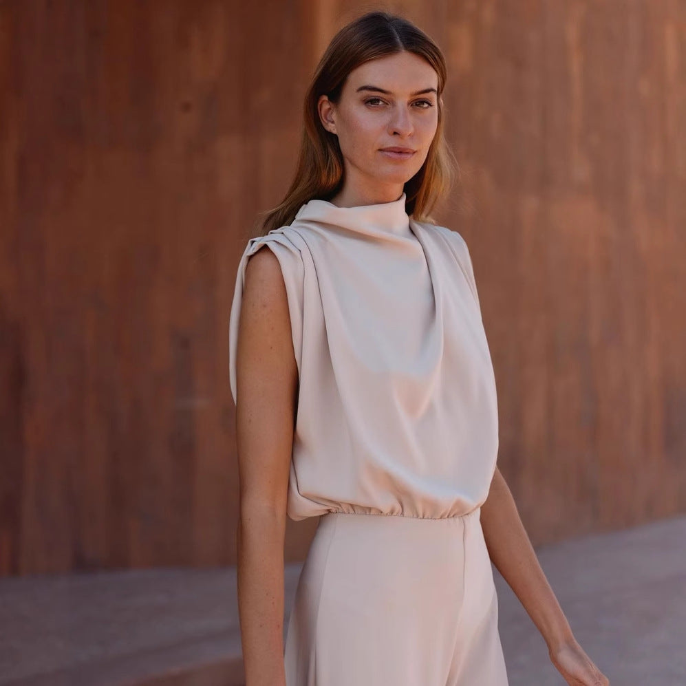 Damen Eleganter Jumpsuit mit hochgeschlossenem Kragen und weiten Beinen R&B