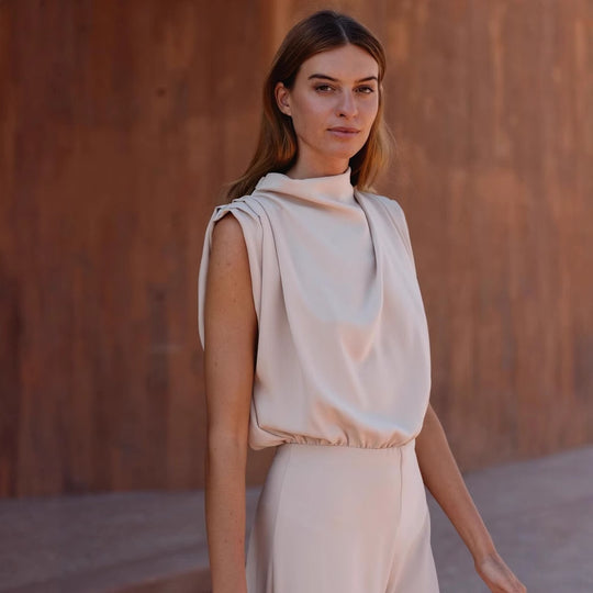 Damen Eleganter Jumpsuit mit hochgeschlossenem Kragen und weiten Beinen R&B