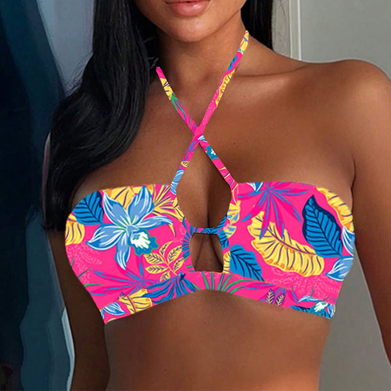 Damen Bandeau-Bikini mit kreativem Knoten-Design und floralem Muster R&B