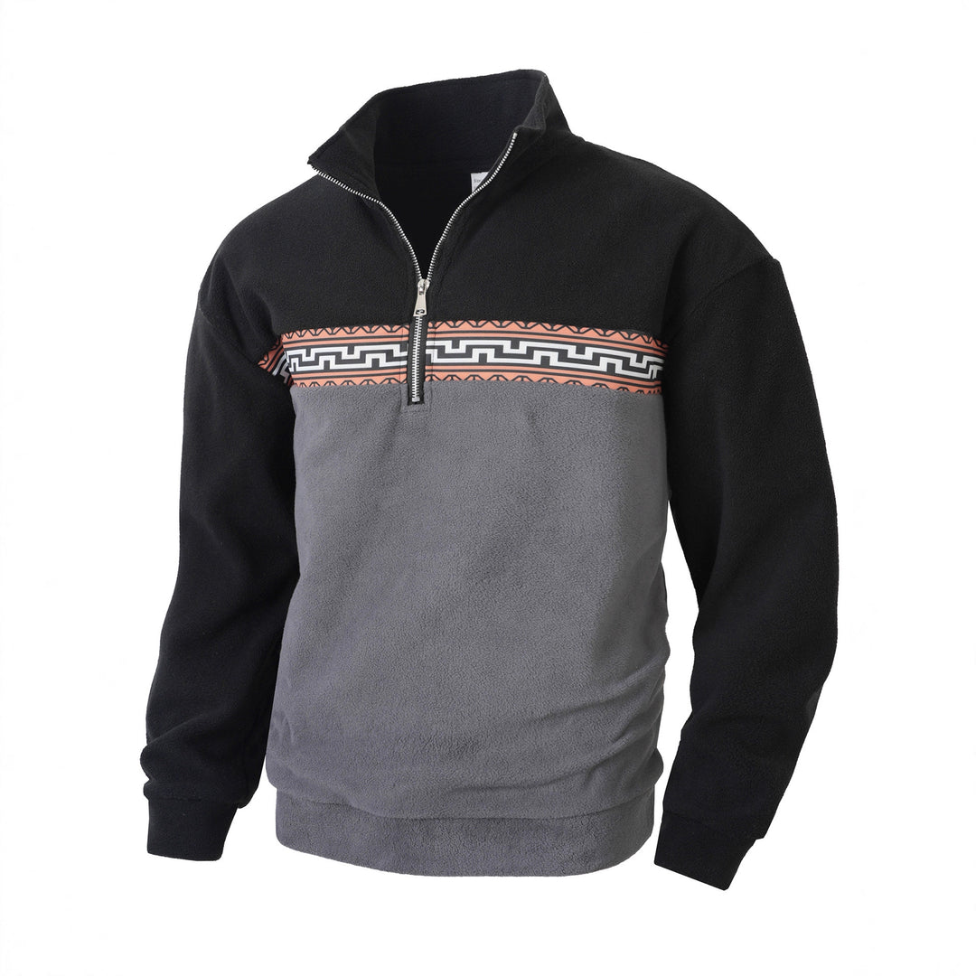 Herren Fleece-Pullover mit stylishem Stehkragen und farblich abgesetztem Muster R&B
