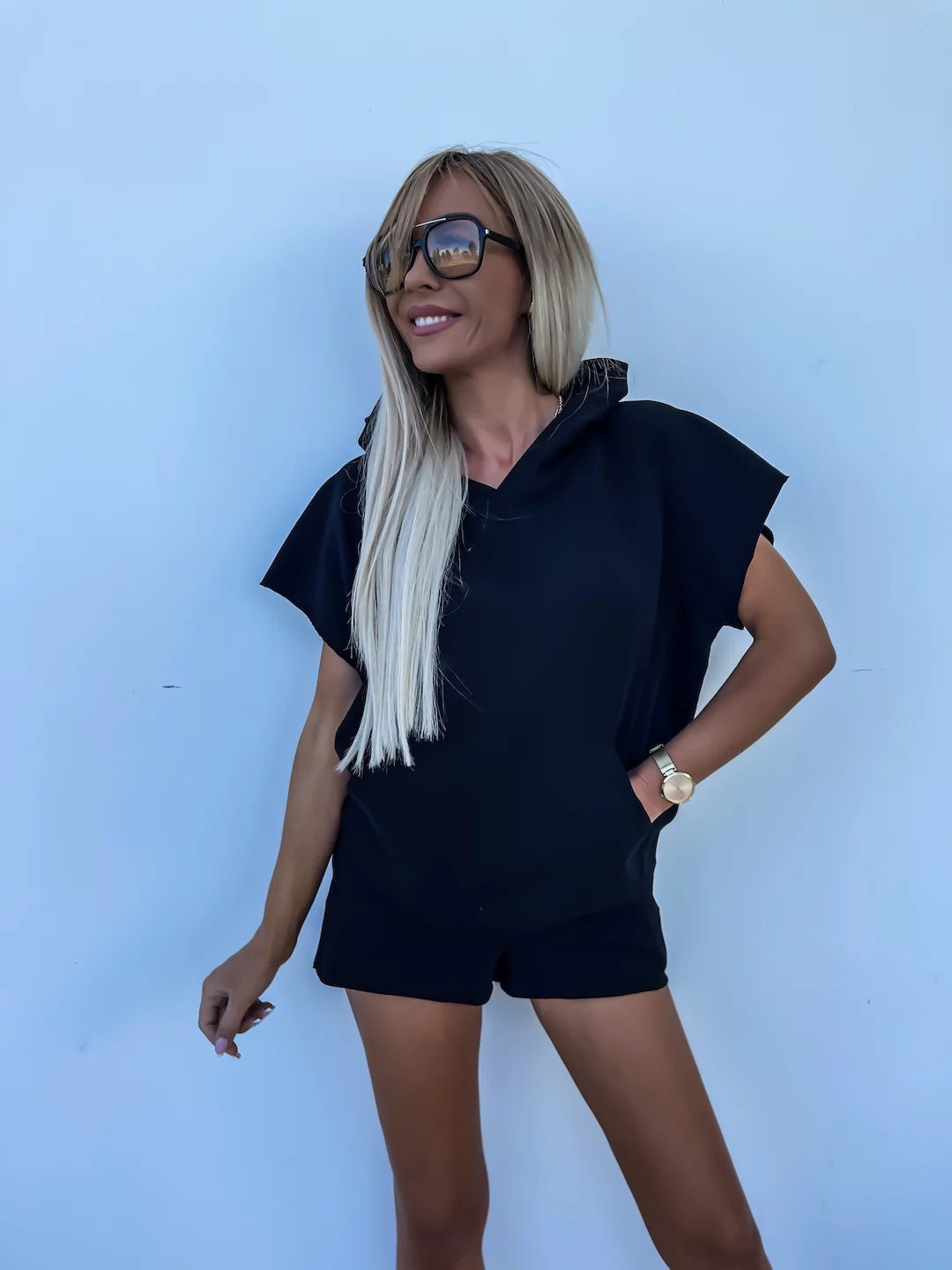 Damen lässiges Shorts- und Kurzarm-Hoodie Set aus atmungsaktivem Material R&B