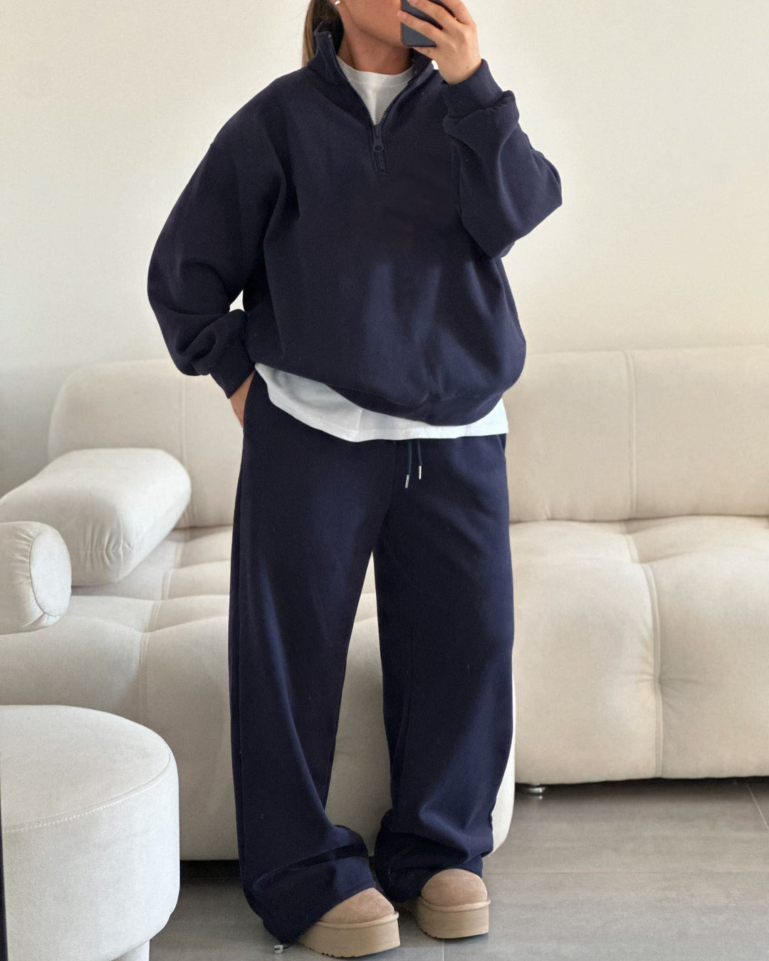 Damen gemütliches Fleece-Loungewear-Set mit Stehkragen und Reißverschluss R&B