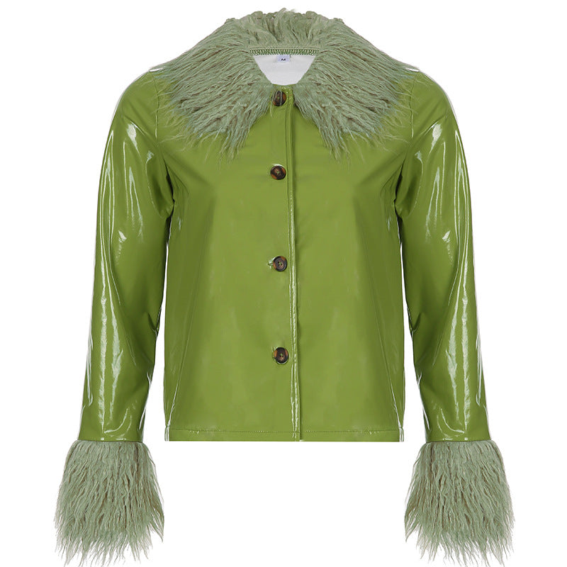 Damen modische Jacke mit luxuriösem Kunstpelzkragen und glänzender Oberfläche R&B