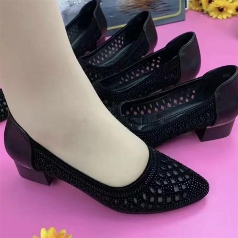 Damen elegante Ballerinas mit funkelndem Strass und komfortablem Blockabsatz R&B