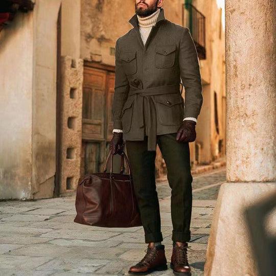 Herren multifunktionale Wool-Jacke mit Gürtel und Taschen R&B
