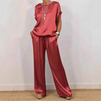 Damen Elegantes Satin Lounge-Set mit weitem Schnitt und lässigem Oberteil R&B