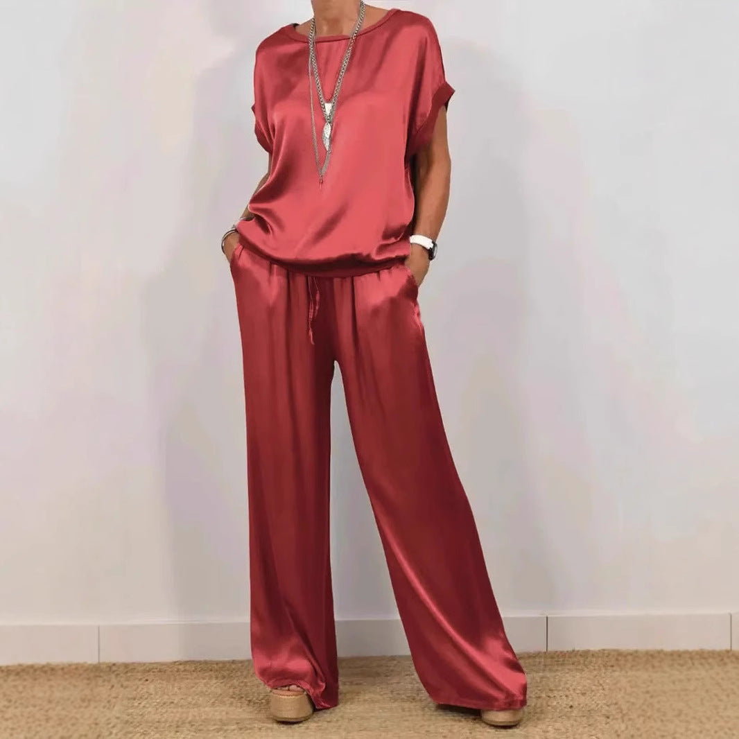 Damen Elegantes Satin Lounge-Set mit weitem Schnitt und lässigem Oberteil R&B