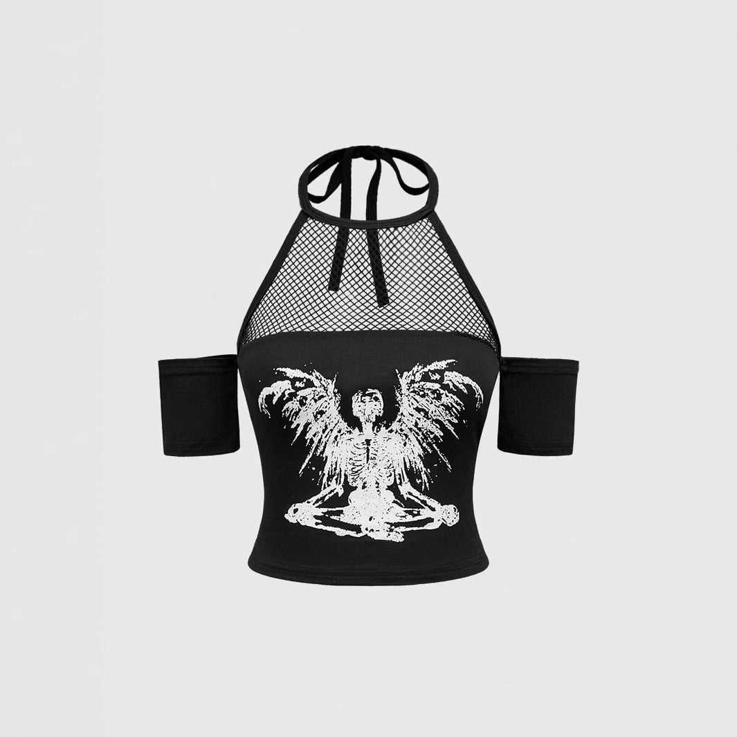 Damen Trendiges Crop-Top mit Netzdetails und originellem Grafiklitz R&B
