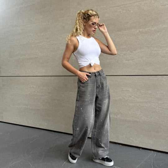 Damen Weite High-Waist Jeans mit kreativen Farbklecksen R&B