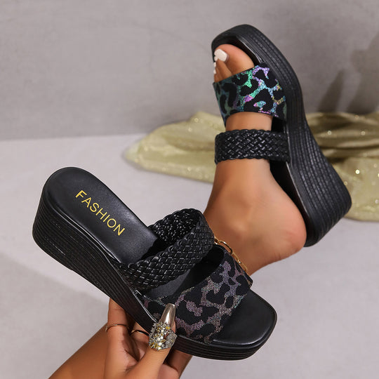 Damen Wedge-Sandalen mit geflochtenem Riemendesign und trendiger Tierdruck-Optik R&B