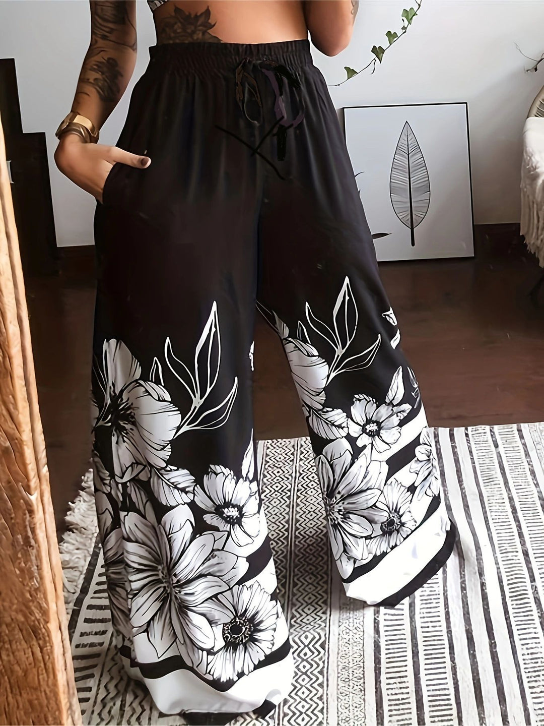 Damen Weite Palazzo-Hose mit buntem Schmetterlingsdruck und elastischem Bund R&B