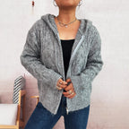 Damen kuschelige Grobstrickjacke mit Kapuze und Reißverschluss R&B