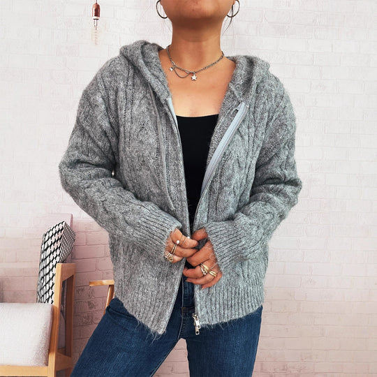 Damen kuschelige Grobstrickjacke mit Kapuze und Reißverschluss R&B
