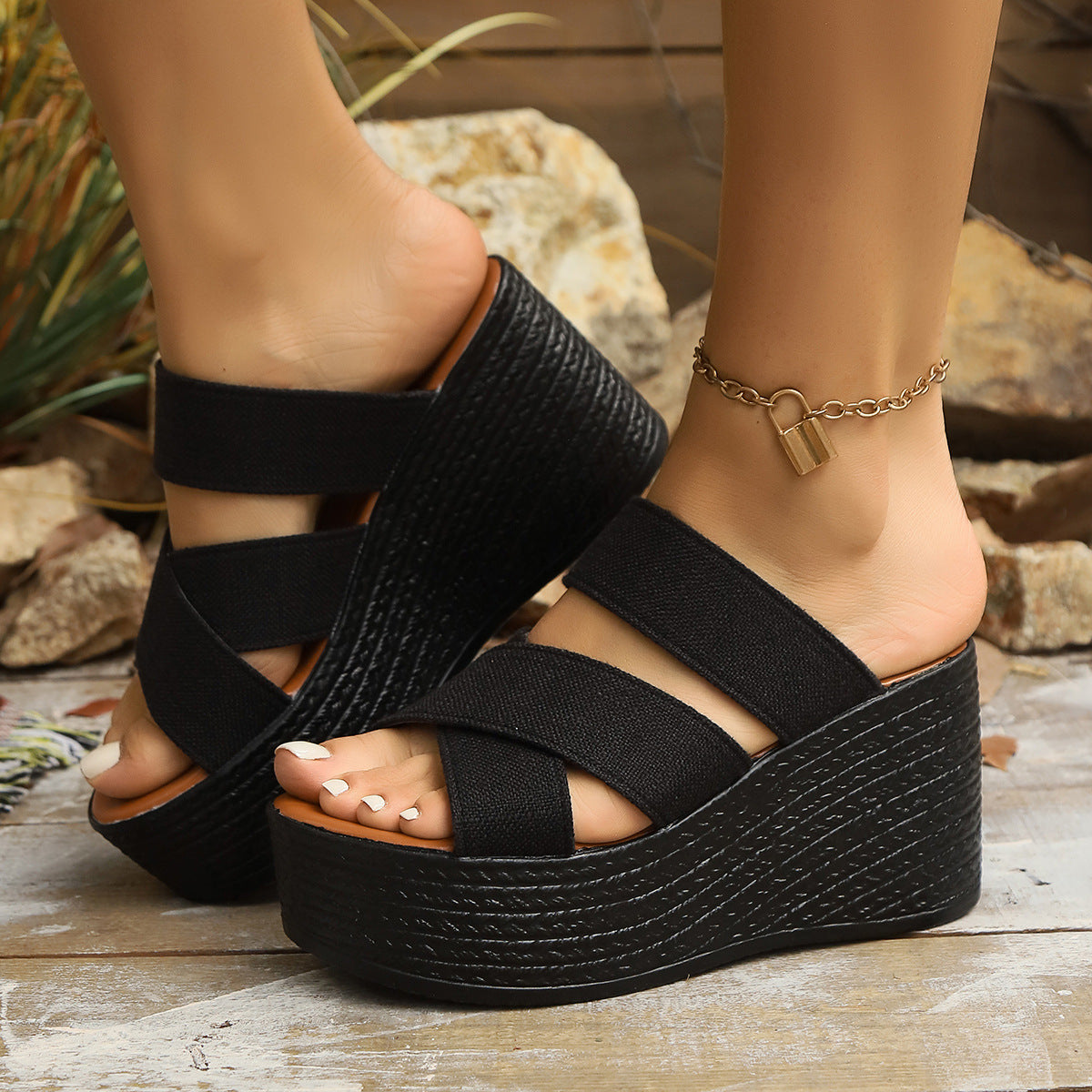 Damen Wedge-Pantoletten mit breitem geflochtenem Riemen